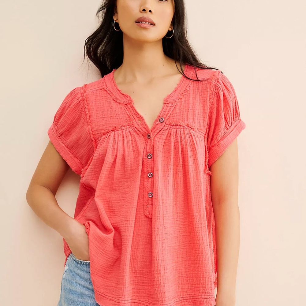 We The Free Orange Pink Short Sleeve Blouse